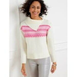 Talbots Petite Fair Isle Sweater SP White & Pink Long Sleeve Mock Neck